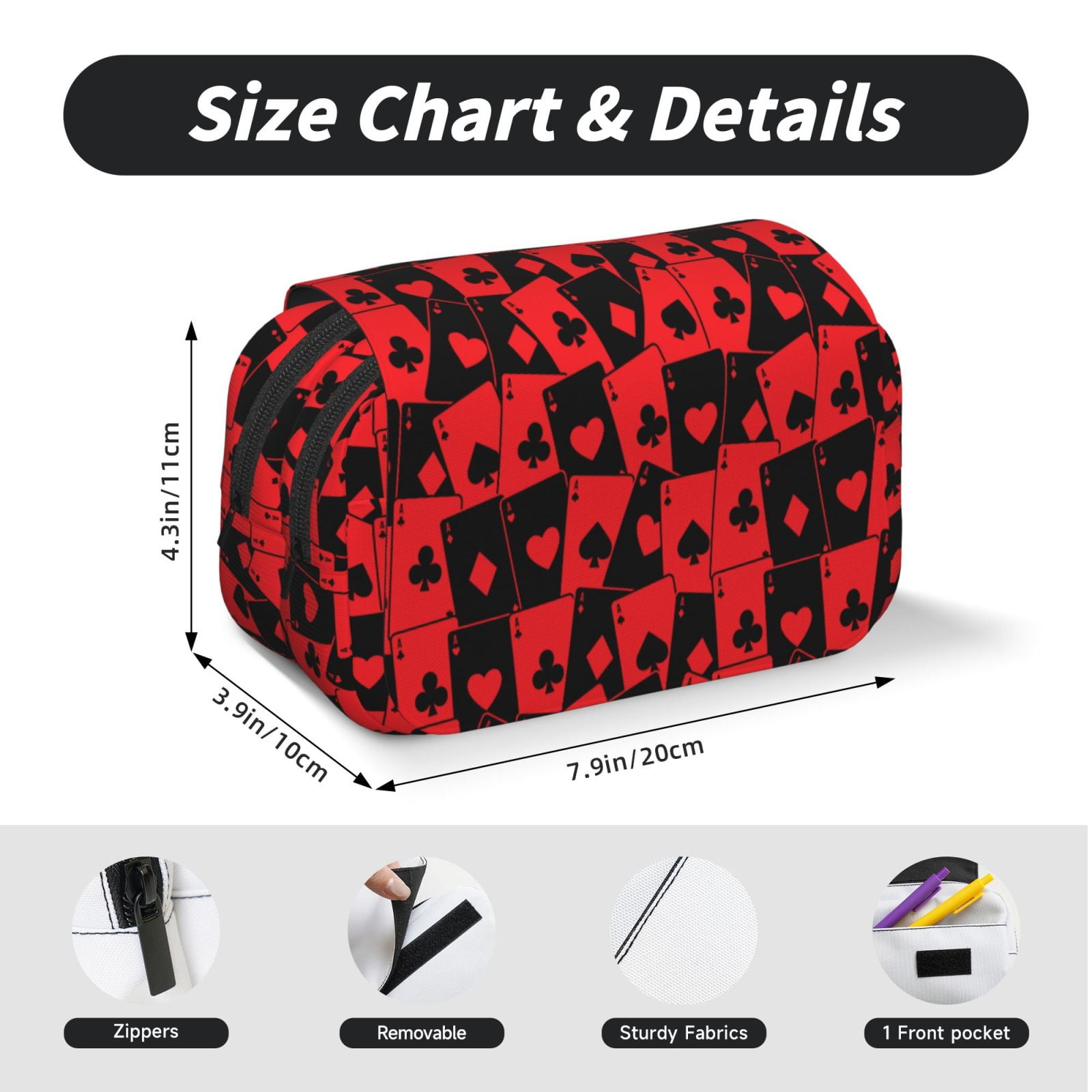 Rateoe Playing Cards Pattern Double Clamshell Pen Case, Storage Organizer with Two Zipper Compartments– Holds Up to 50 Pencils & Pens