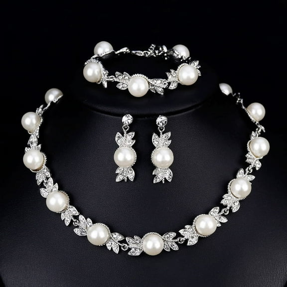 VMENG YZYI Elegant Jewelry Set For Women, Silver Luxury Crystal Pearl Necklace Earrings Bracelet Set, Wedding Party Evening Dress Daily Wear Gifts