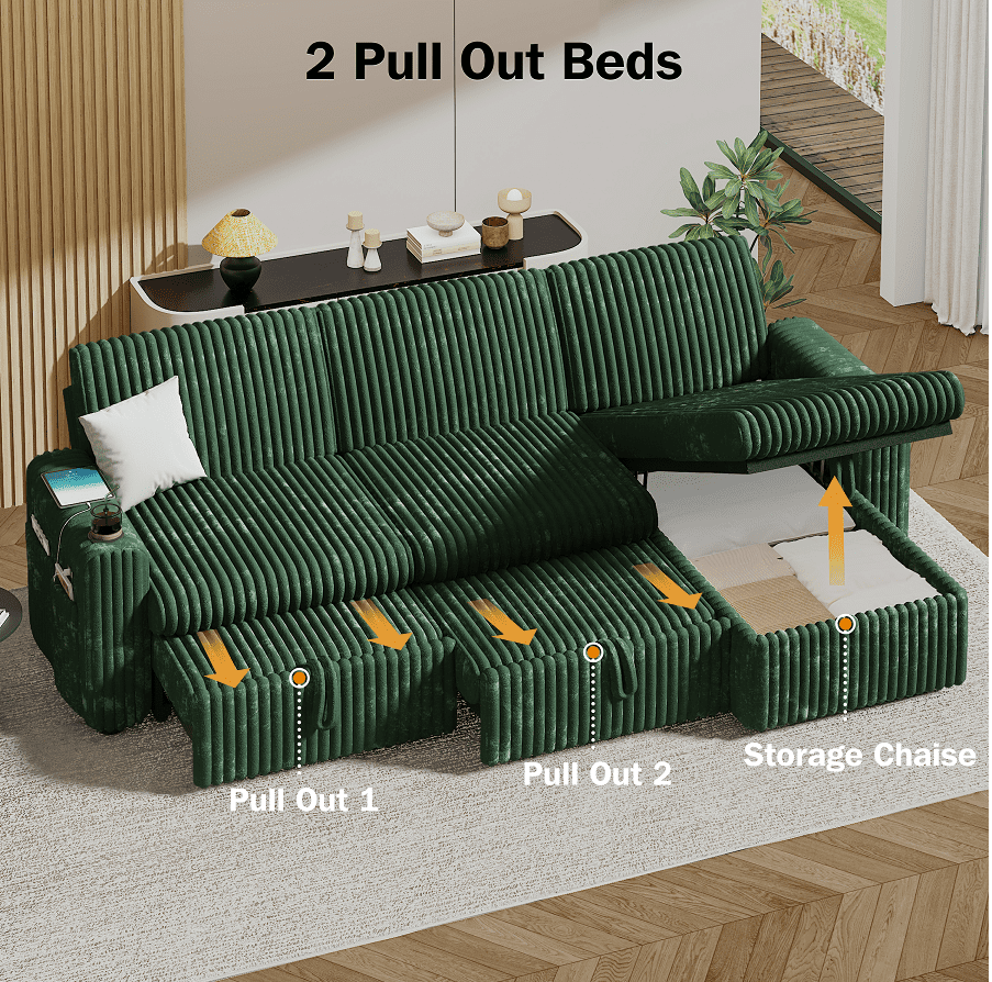 101” Detachable Mattress Sleeper Sofa with Pull-Out Mattress - L-Shaped Design, Adjustable Backrest + Reversible Storage Chaise, USB Ports/Cup Holders, Quick Assembly, Soft Green Corduroy