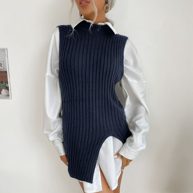 Chaleco de punto con dobladillo dividido, chaleco tipo suéter de cuello redondo para mujer, chaleco tipo suéter, chaleco tipo suéter de cuello redondo, características líderes en su clase
