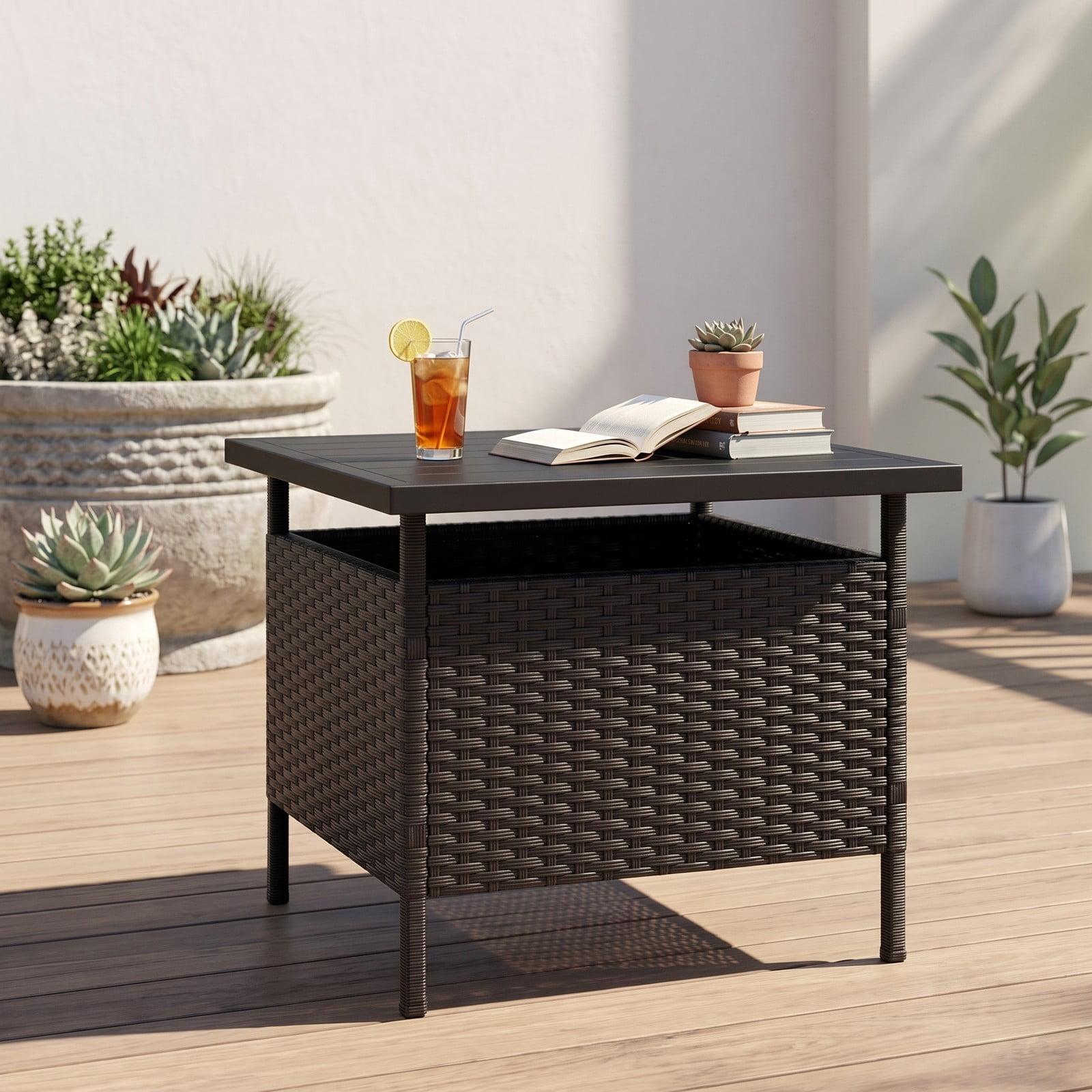 Furnibear Patio Square Wicker Side Table with Umbrella Hole, PE Rattan Outdoor End Table, Faux Wood Top Metal Frame Coffee Table for Garden Yard Backyard, Black