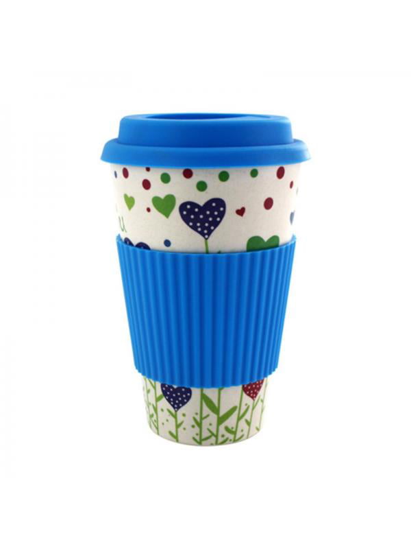 Blue Reusable Coffee Cup with Lid Travel Mug Eco-Friendly Bamboo Fibre Silicon Natural 16oz