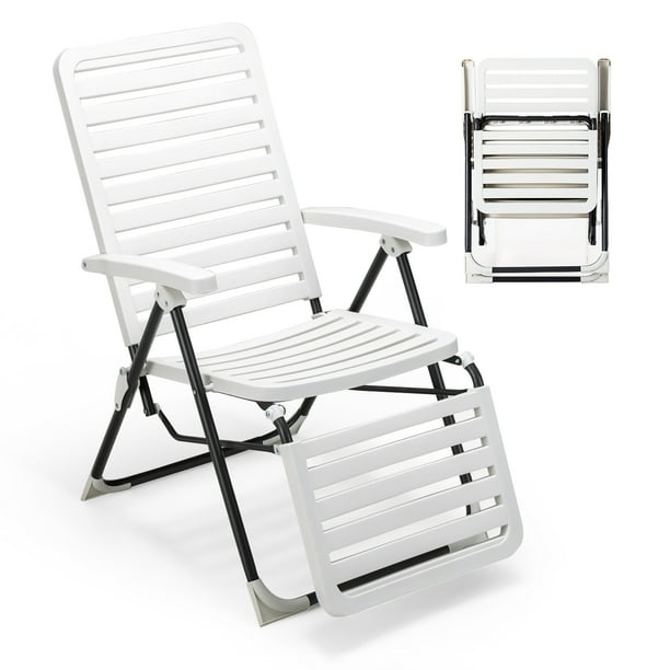 Silla Reclinable Plegable Costway Patio PP Blanca 7 Posiciones Reposapiés Cómodo