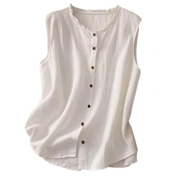 FUYUDY Women Shirts Summer Loose Fit Sleeveless Tops V Neck Button Down Shirt With Lace Trim Casual Breathable Tunic Blouse Comfort Female Solid Color Dailywear