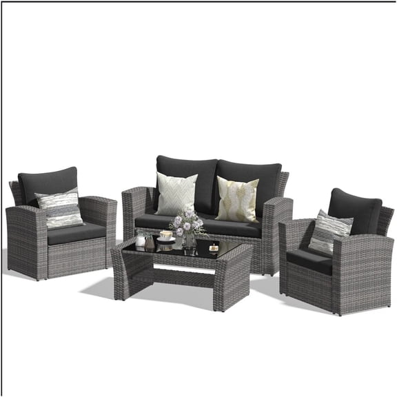 KIOOTTO Four Piece Wicker Patio Conversation Set with Gray Cushions