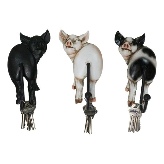 Set of 3 Rustic Western Farm White Black Spotted Pigs Hind Butt Coat Wall Hooks