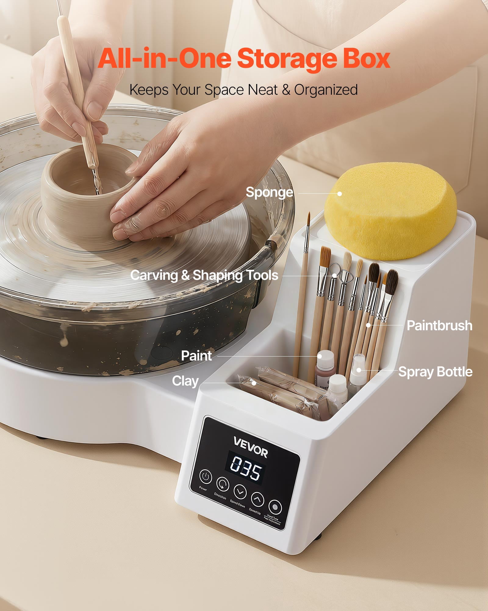 VEVOR Pottery Wheel for Adults, 11" Aluminum Turntable, 450W Electric Table Top Pottery Wheel with Foot Pedal, 30-300 RPM Adjustable Speed, Detachable Basin, for Beginners, DIY Clay Art Craft, White
