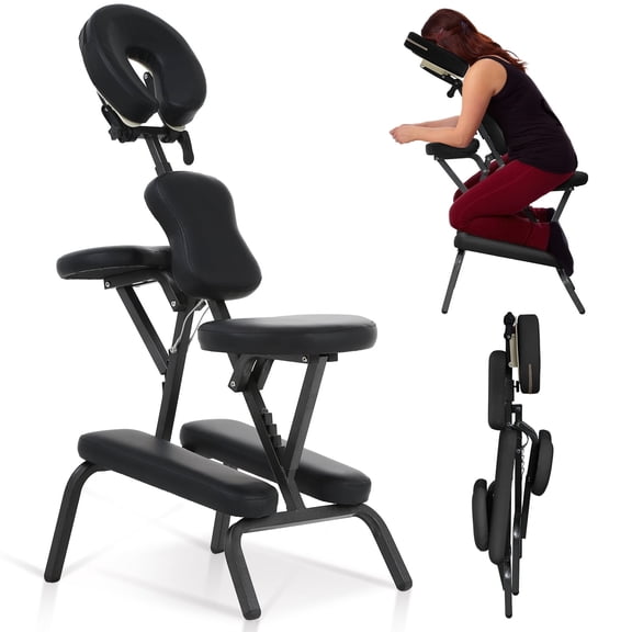 Portable Massage Chair Leather Tattoo Chair 4 Inches Thickness Salon Spa Chair Adjustable Therapy Chair w/Carrying Bag & Face Cradle, Black