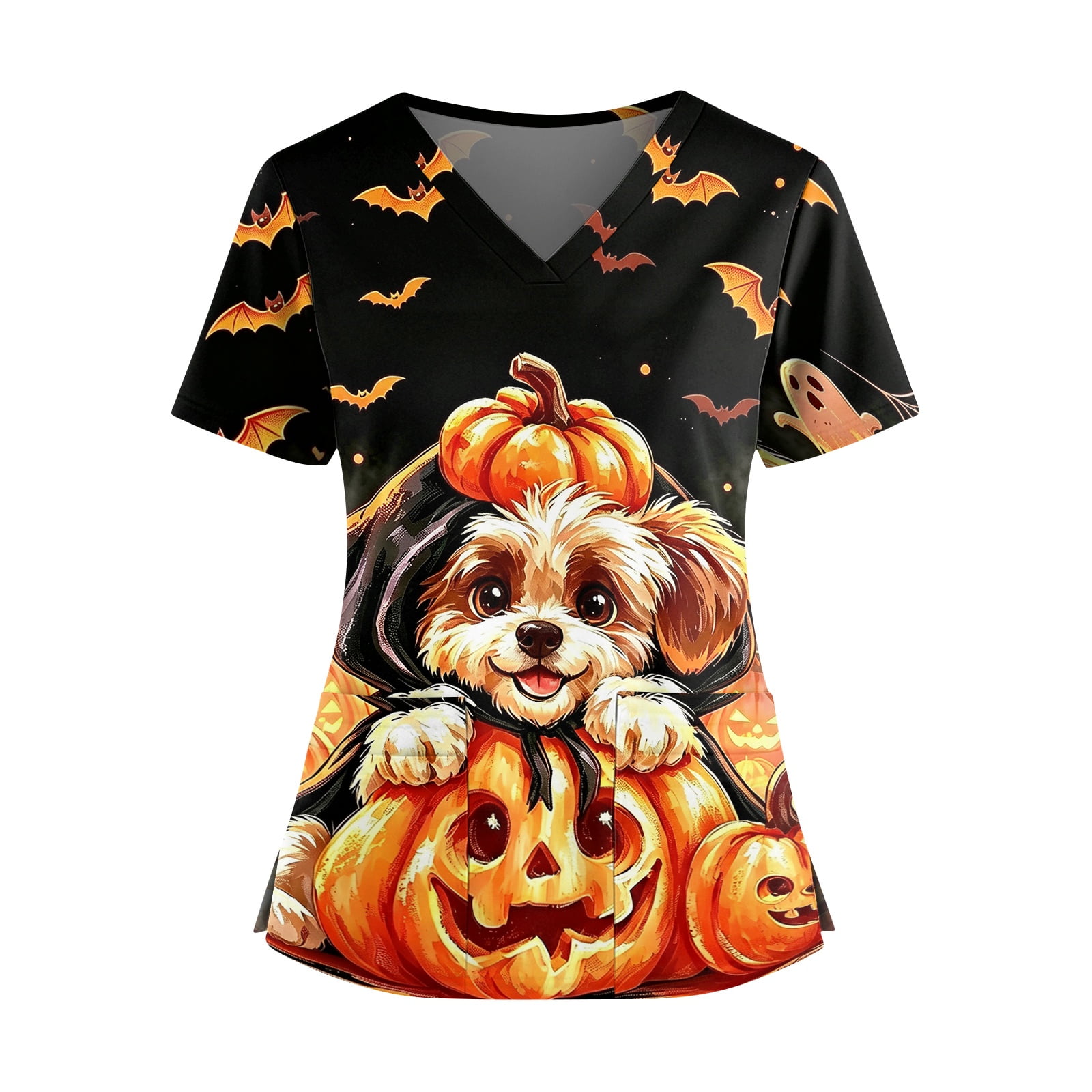 1-Pc Witch Hat Dog Graphic Scrub Top for Women, Halloween V-Neck Short Sleeve Tunic with Double Pockets — Lightweight Side Slit Medical Uniform Nurse Shirt Fall Fashion Black L