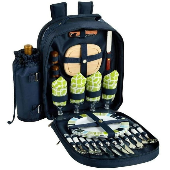 Picnic at Ascot - Deluxe Equipped 4 Person Picnic Backpack Bag with Cooler & Insulated Wine Holder - Trellis Green