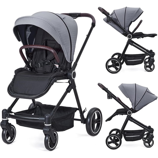Foldable baby stroller: high landscape, lightweight aluminum frame, waterproof fabric, reversible backrest, adjustable footrest, peekaboo canopy, grande almacenamiento basket, cup holder, ligh...