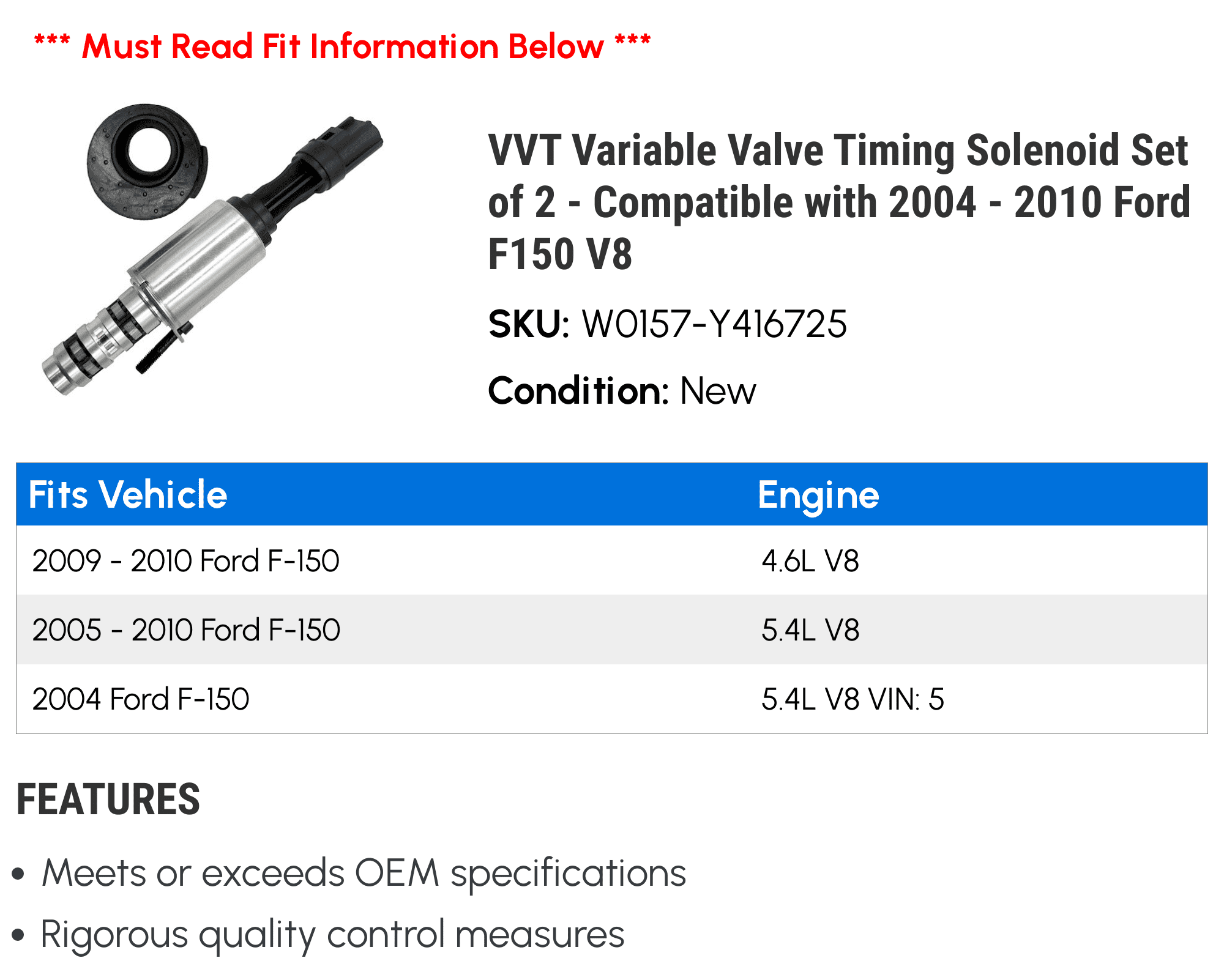 VVT Variable Valve Timing Solenoid Set of 2 - Compatible with 2004 - 2010 Ford F150 V8 2005 2006 2007 2008 2009