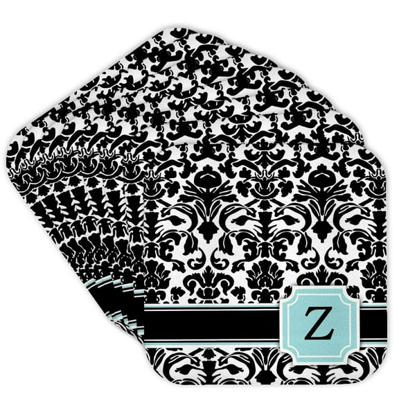 3dRose, Letter Z personal monogrammed mint blue black and white damask pattern - classy personalized initial, Set of 8 Coasters - Soft