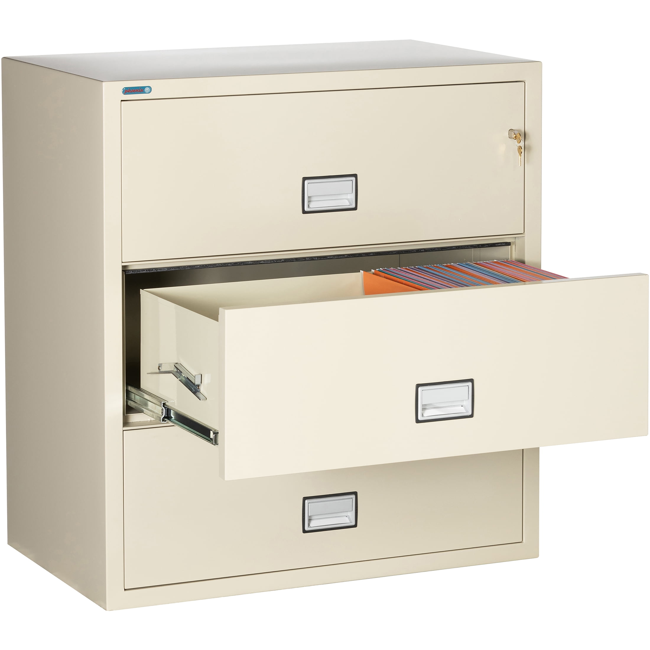 Phoenix Safe Lateral 38 inch 3-Drawer Fireproof File Cabinet with Key Lock, Water Seal, Putty, LAT3W38P