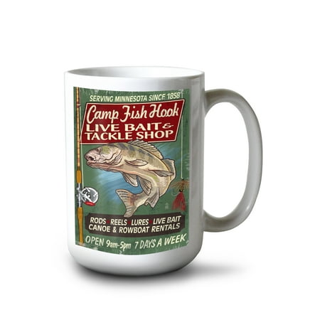 

15 fl oz Ceramic Mug Minnesota Camp Fish Hook Vintage Sign Dishwasher & Microwave Safe