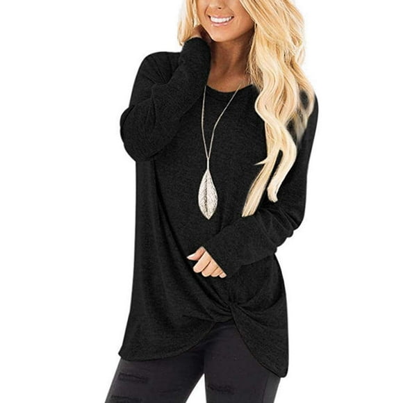 Women's Casual Long Sleeve Knotted Tops Side Twist Loose Blouse Round Neck Solid T Shirts