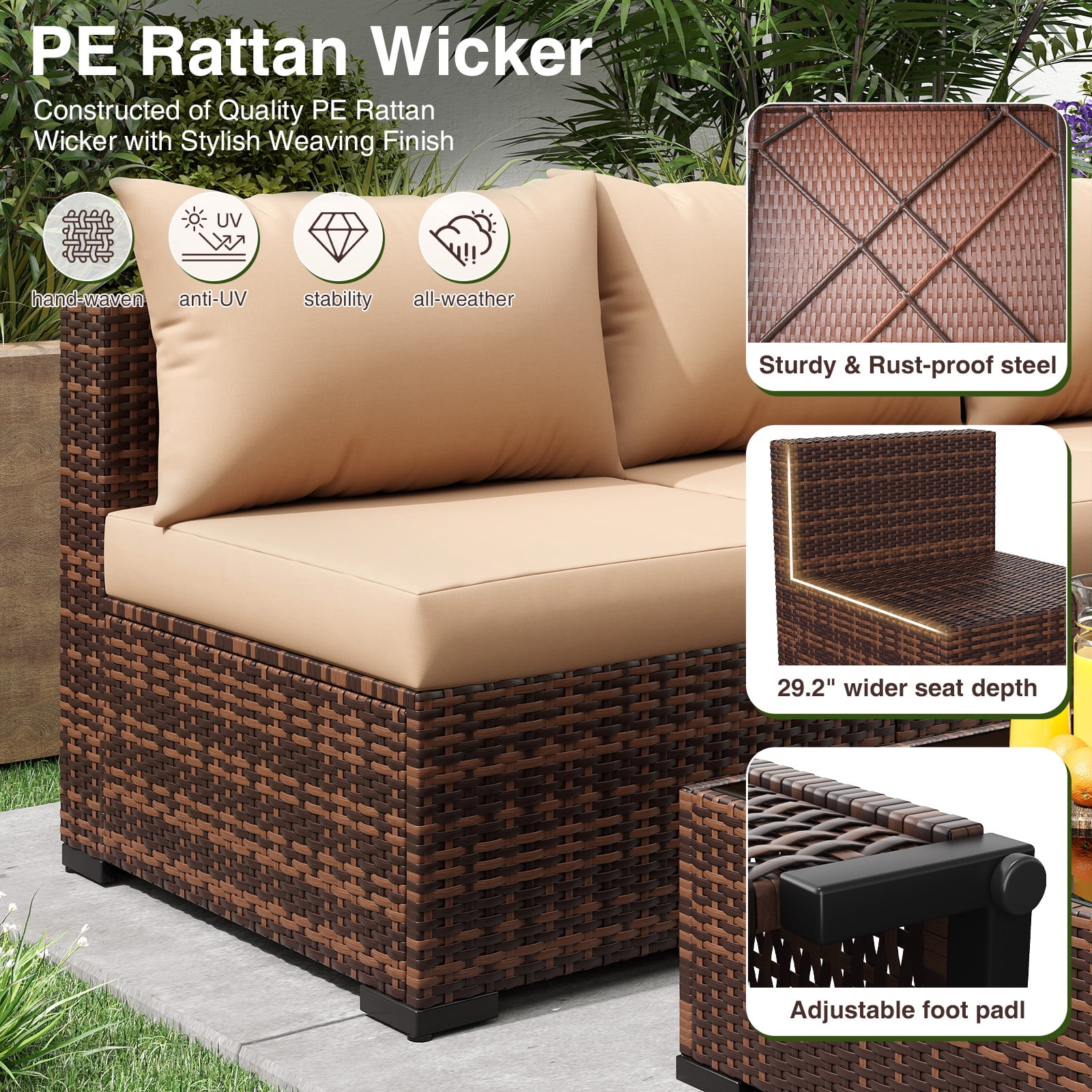 ELPOSUN Patio Furniture Set, Outdoor Patio Furniture Wicker Furniture Couch Set, 5 Pieces Outdoor Sectional Sofa, Patio Furniture Set, Outdoor Patio Set for Porch Furniture (Beige)