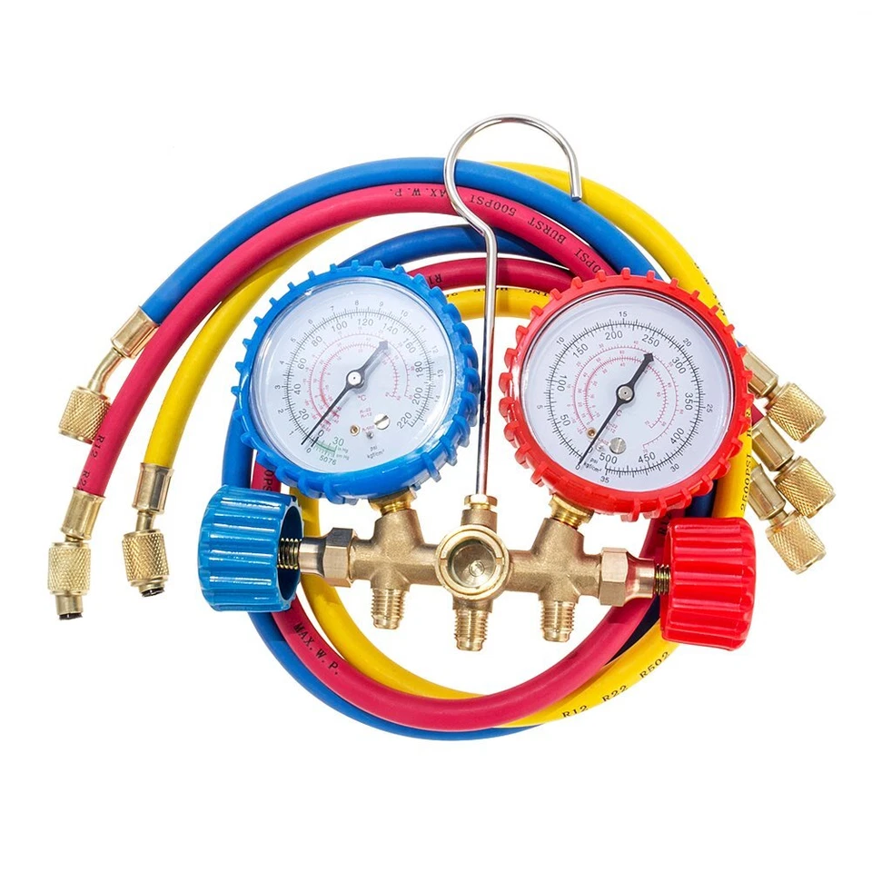 HVAC Manifold Gauge, Car Refrigerant Recharge Leak Double Meter, Air Conditioning Fluorine Adding Tool W/ 1/4 Connectors 3-Color 35" Hose Support 500psi Working Pressure