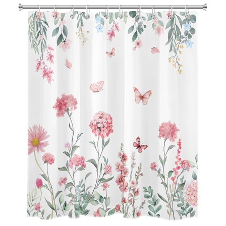Watercolor Flowers Shower Curtain Pink Floral Green Leaf Butterfly Botanical Bathroom Shower Curtain Spring Natural Plant Modern Art Shower Curtain Home Decor with 10 Hooks 60x72 Inches