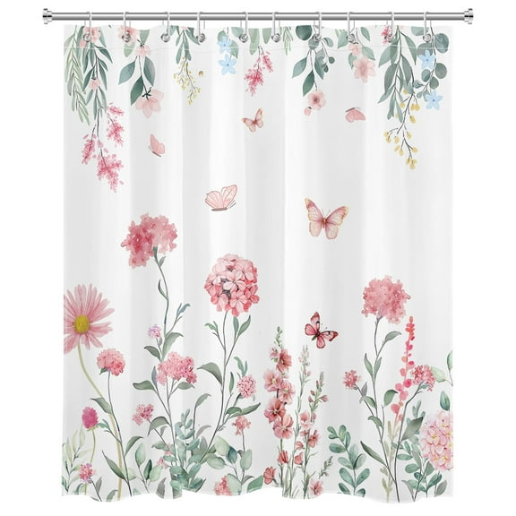 Watercolor Flowers Shower Curtain Pink Floral Green Leaf Butterfly Botanical Bathroom Shower Curtain Spring Natural Plant Modern Art Shower Curtain Home Decor with 10 Hooks 60x72 Inches