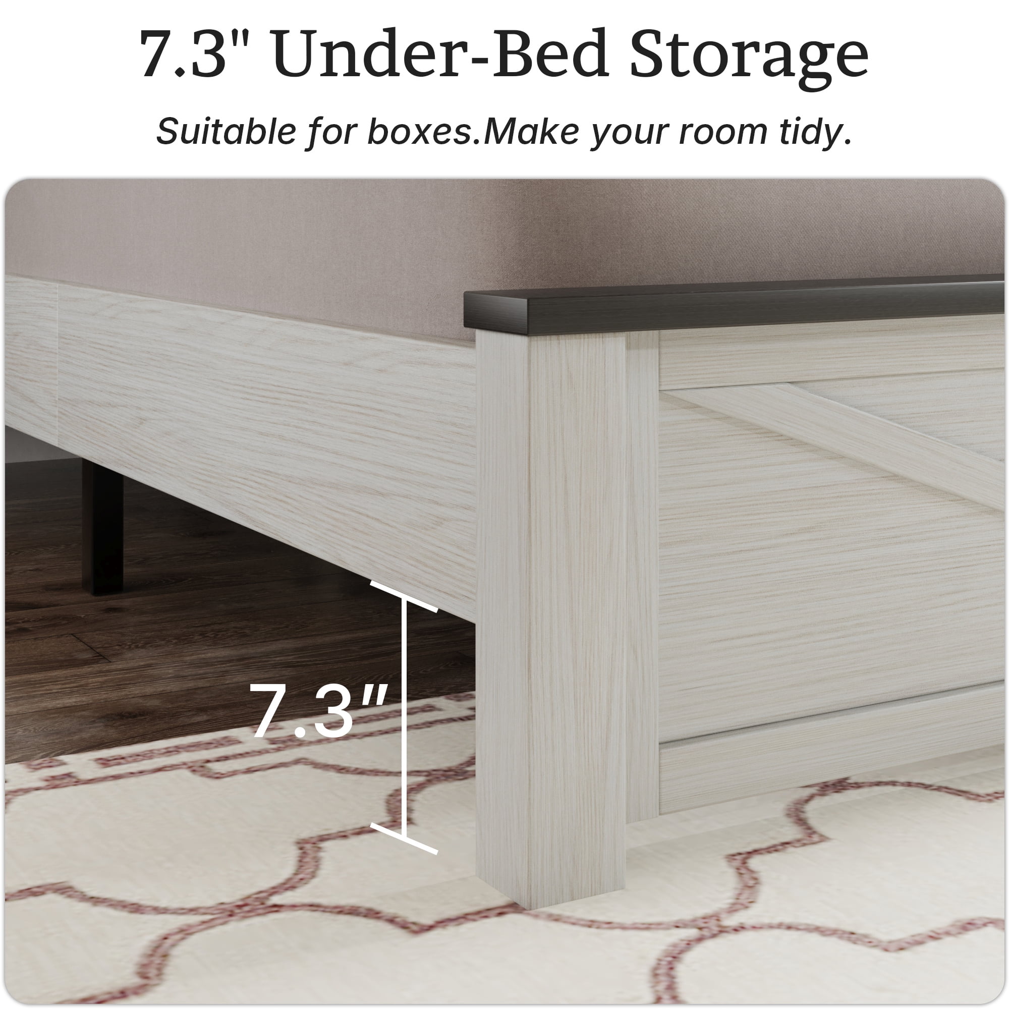 BSHTI Full Size Bed Frame with Wooden Headboard, Country and Farmhouse Style, White