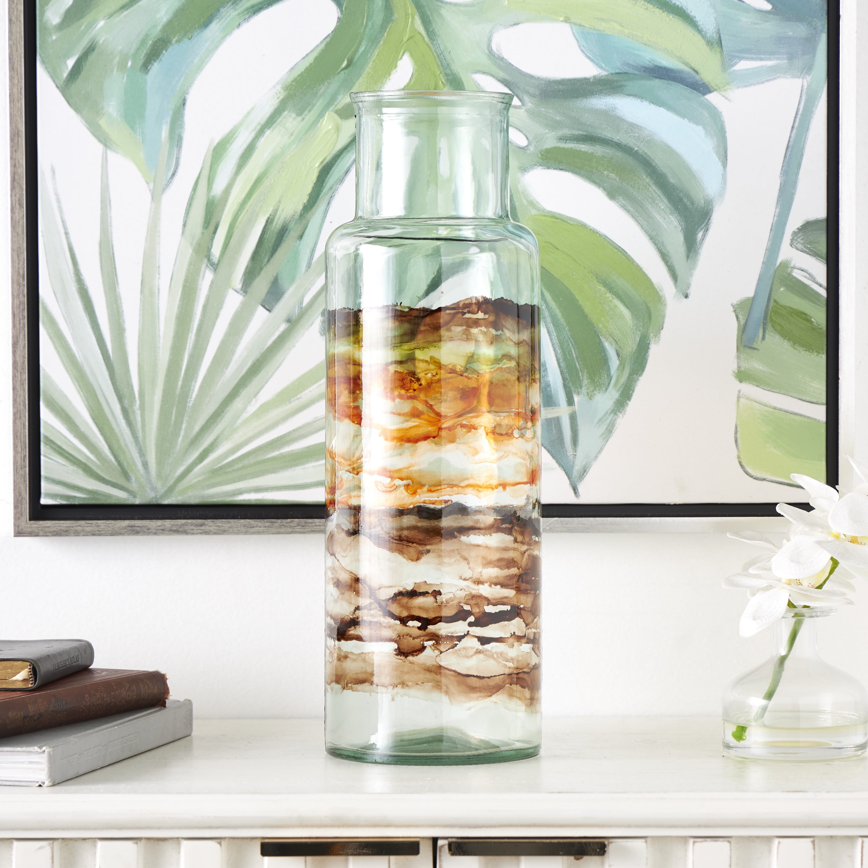 DecMode 18" Abstract Recycled Glass Vase with Swirled Colored Glass Bands