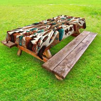 Ambesonne Rustic Outdoor Tablecloth, Aztec Inspired Feathers Art, 58"x120", Cinnamon Redbrown and Teal