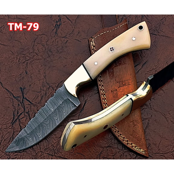 9" Long Drop Point Blade Skinning Knife, Hand Forged Twist Pattern Damascus Steel Full Tang Blade, Natural Camel Bone Scale with Brass Bolster, Cow Leather Sheath