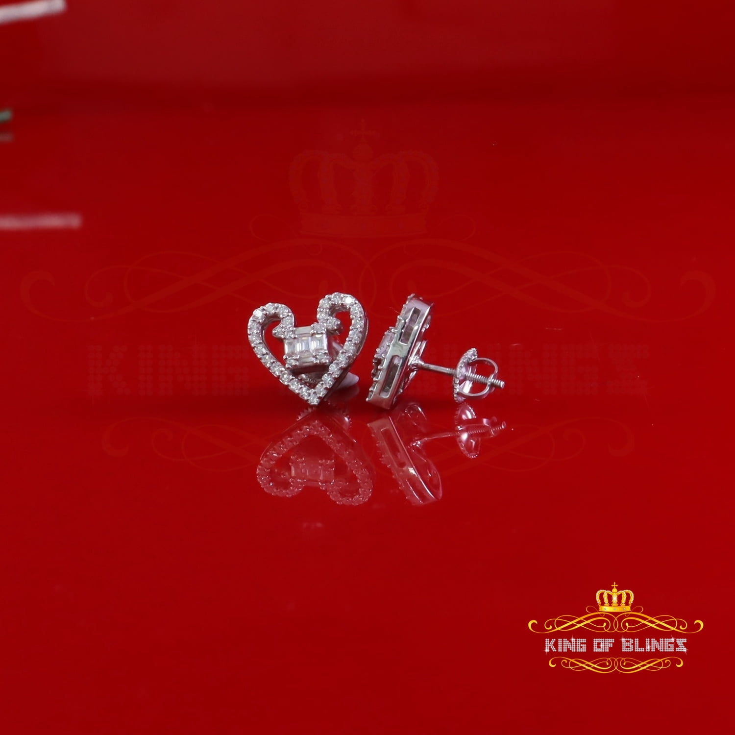 King of Bling's Men/Women Stud 925White Silver Heart Baguette Earrings 1.00ct VVS D Moissanite