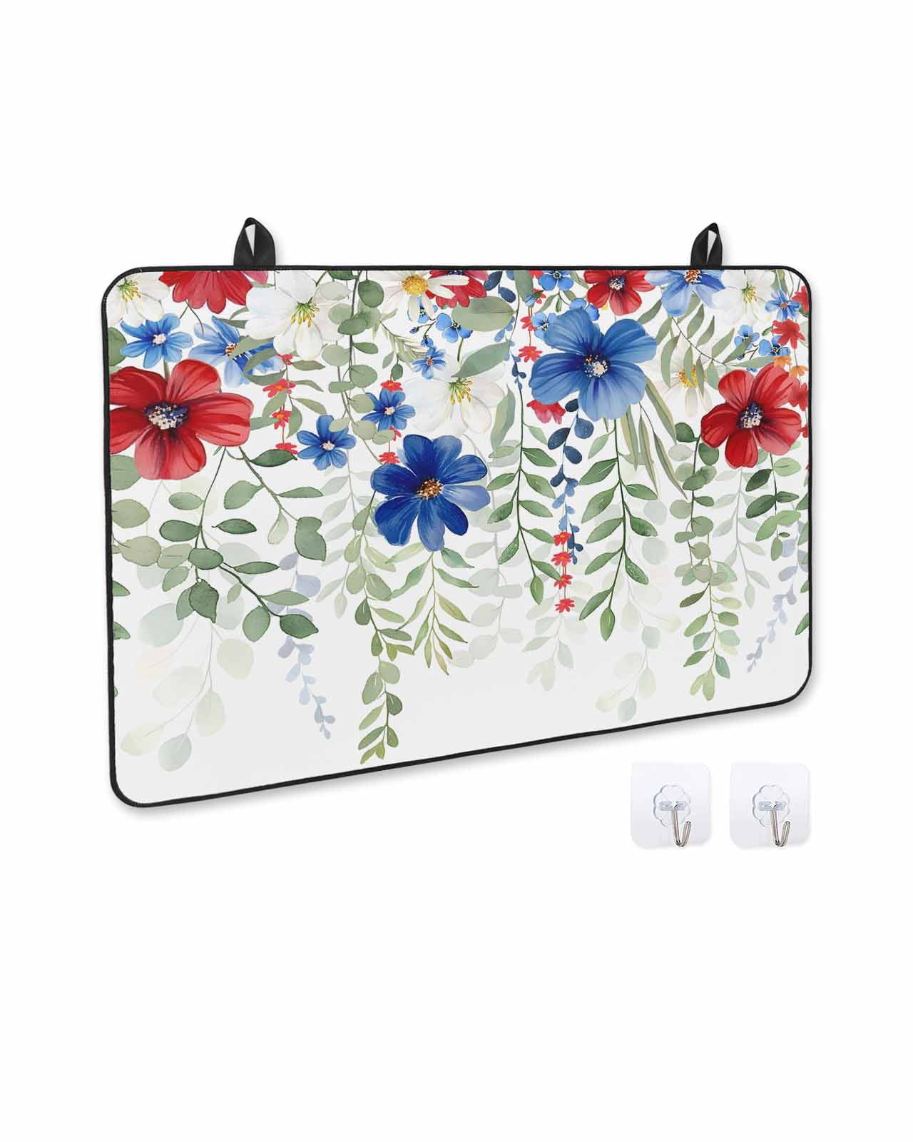 nqOlkjepod Large Induction Cooktop Protector Mat 24"x21", Red Blue Flowers 4th of July Stove Top Covers for Electric Stove, Independence Day Botanical Stove Burner Cover Mats, Glass Top Stove Cover