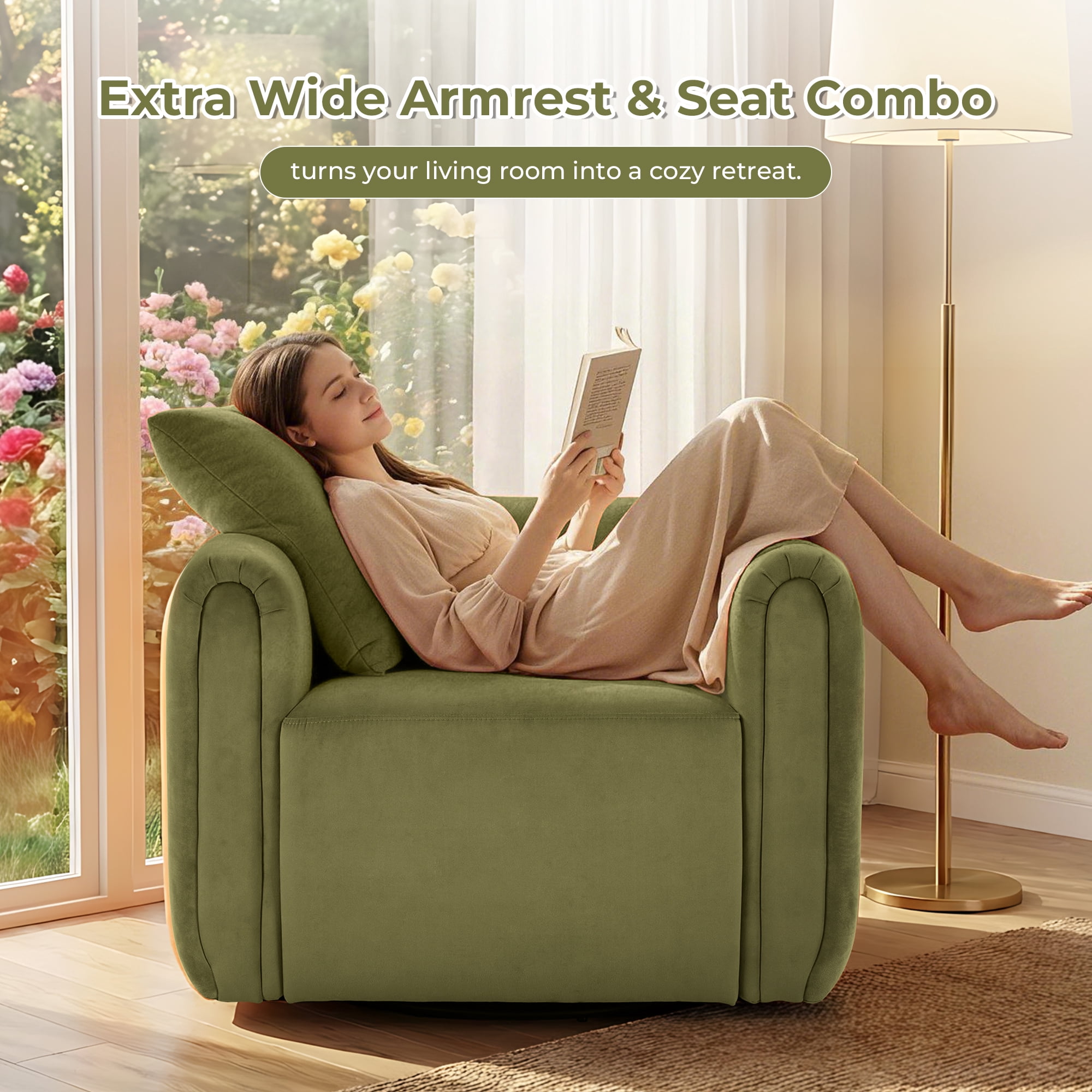 Ebello  Swivel Accent Chair, Modern Velvet Living Room Chair with Pillow, Barrel Chair for Bedroom & Reading Corner (Green，1 Pack，Fully Assembled )