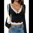 thumbnail image 3 of Blusa Elegante de Larga Y2K para Mujer, con Cuello en V y Ribete de Encaje, Cómoda para Cualquier Ocasión Negro M, 3 of 10
