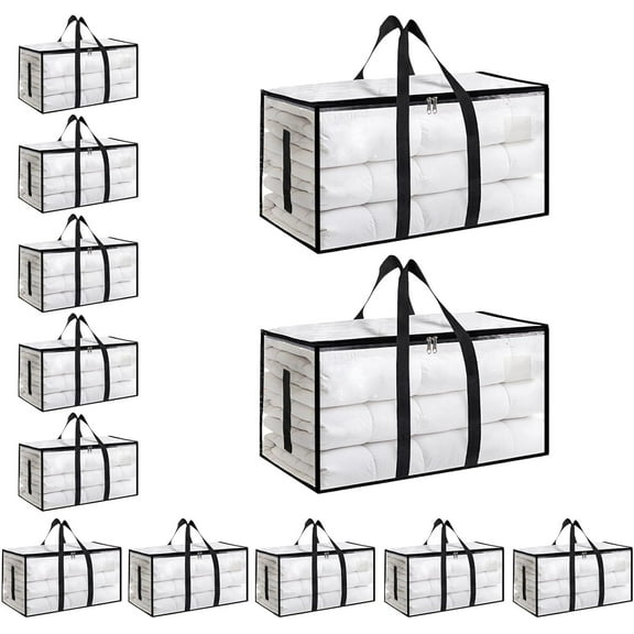 12 Pack-Extra Large Heavy Duty Moving Bags - Waterproof Storage Totes with Handles & Zippers, Foldable for College Dorm, Storage (Clear)