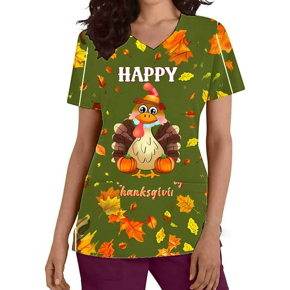 Xfvqtps Thanksgiving Scrub Tops for Women Soft V-Neck Scrubs Comfortable Nursing Uniforms Short Sleeve Tops Turkey Print Blouse Protective Clothing Working Uniforms with Pockets Red