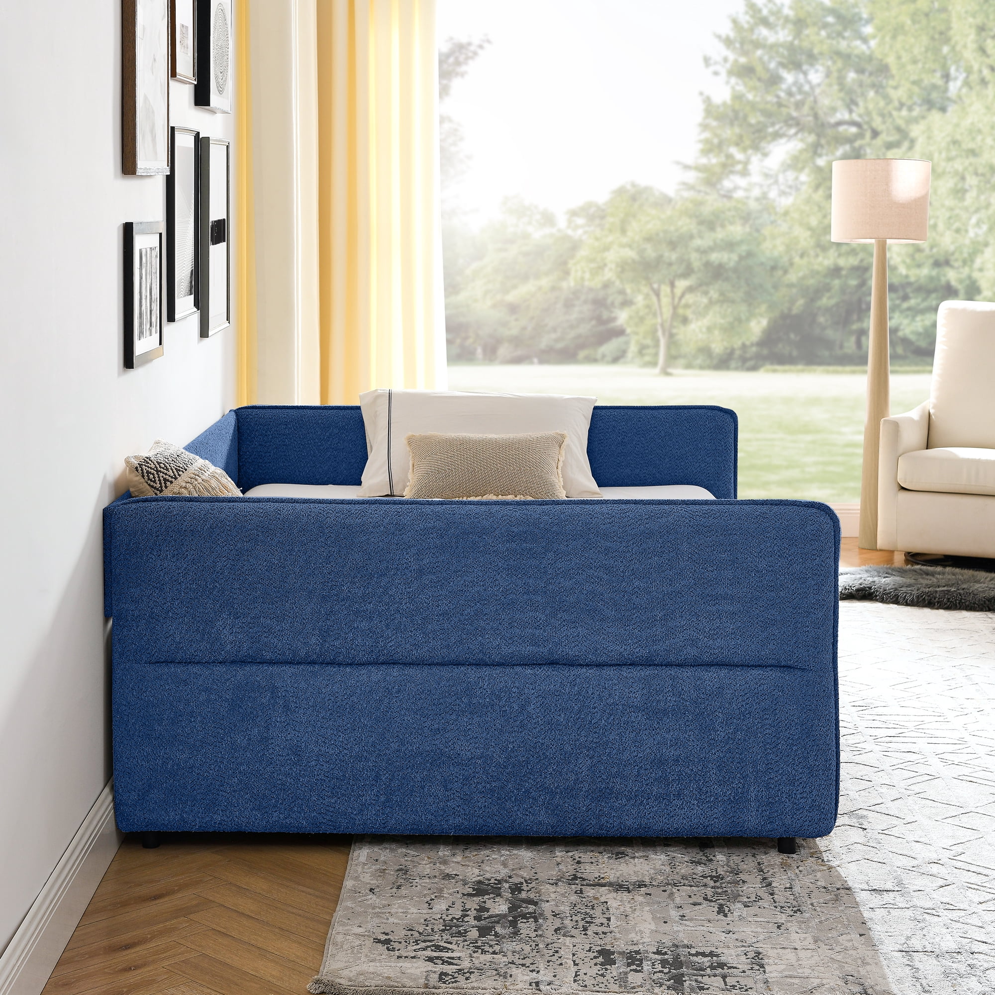 Mintazer Queen Upholstered Daybed with 2 Storage Drawers, Modern Sofa Bed for Living Room & Bedroom, Blue