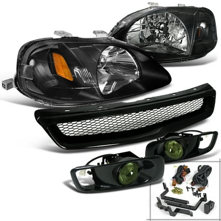 - Spec-D Tuning 1999-2000 Honda Civic Si Lx Dx Black Headlights Abs Mesh Grille Guard + Smoke Fog Lamps 99 00