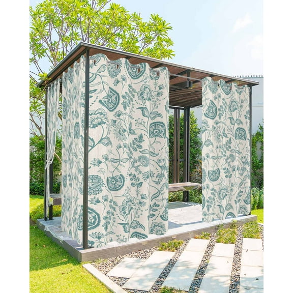 Outdoor Curtains for Patio, Teal Green Spring Floral Waterproof Blackout Outside Curtain for Porch/Pergola/Gazebo, Retro Farmhouse Summer Botanical Thermal Insulated Drapes, 2 Panels, 54 x 95 Inch