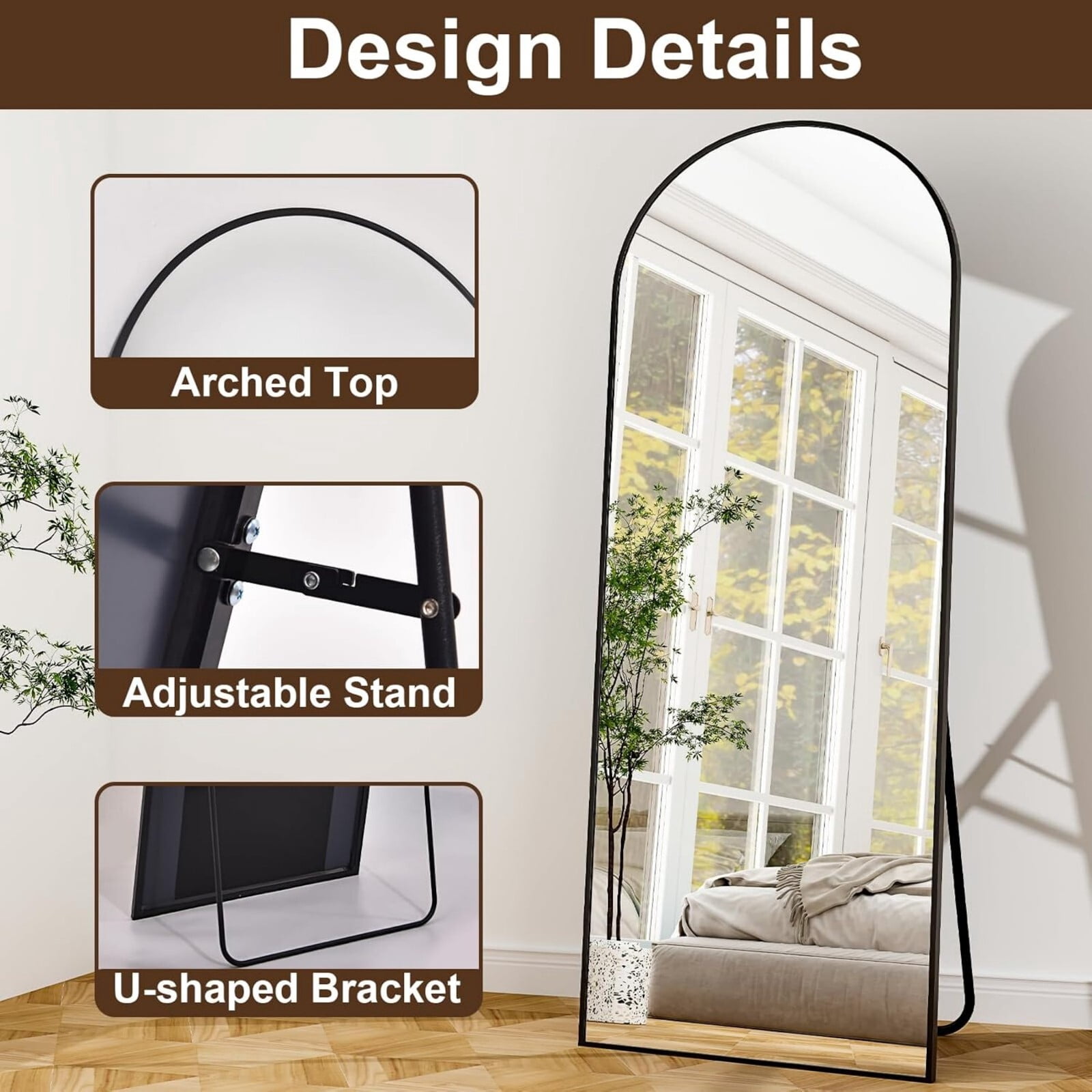 BEAUTYPEAK 64"x 21.25" Arched Full Length Standing Full Body Floor Mirror, Black