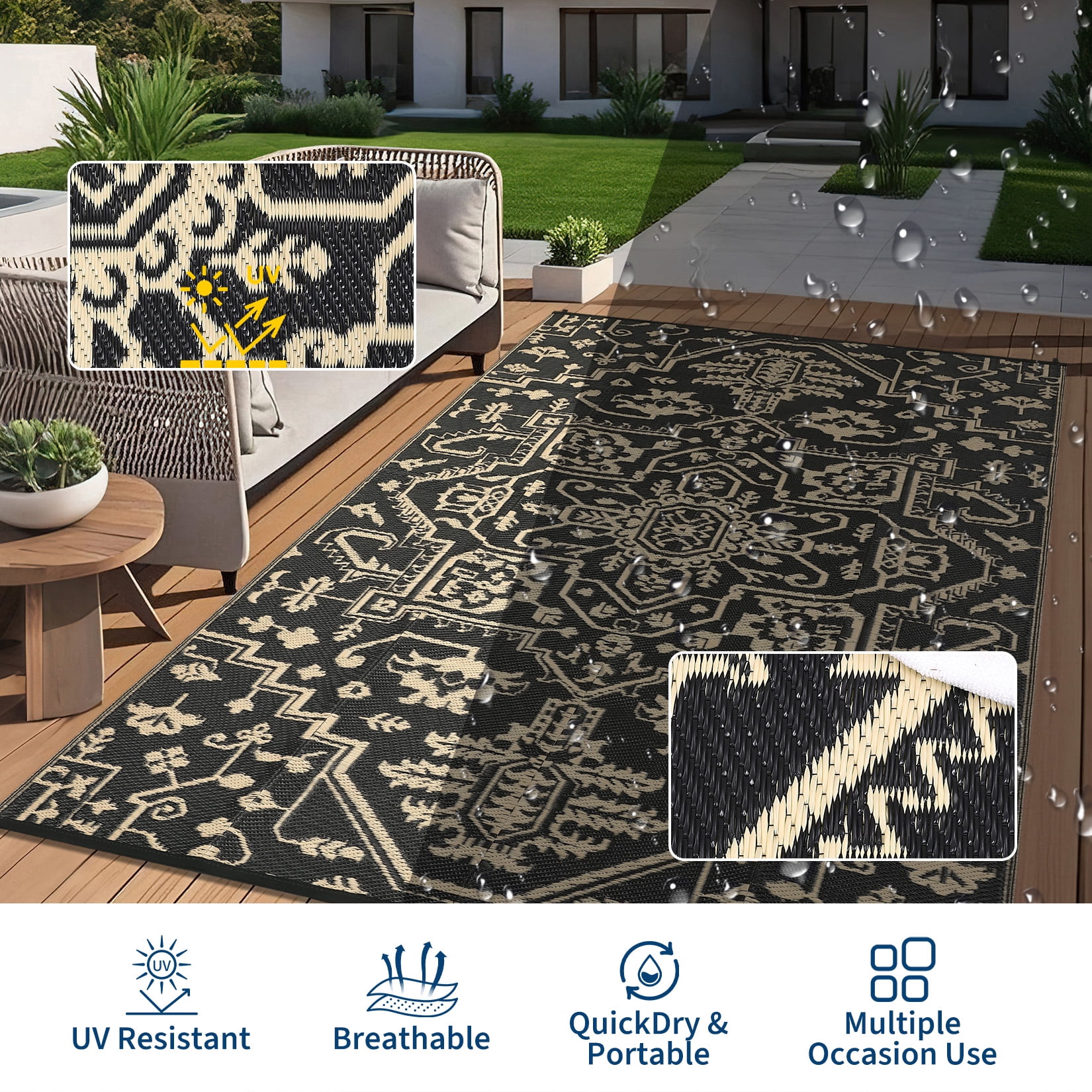 Nanan 9x18ft Outdoor Patio Rug, Portable Waterproof Plastic PP Tube Rug, Modern Scalloped Edge Mat for Deck, Yard, Camping, Balcony & Poolside, Black/Brown