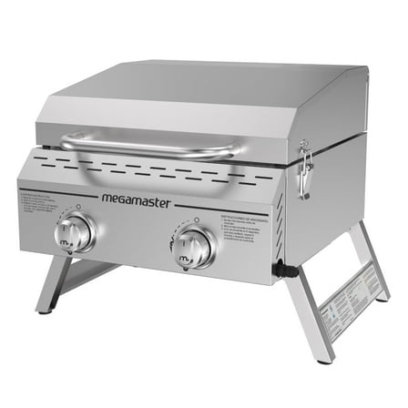 Megamaster 2-Burner Stainless Steel Portable Gas Grill with Built-In Lid, 16,000 BTUs, Foldable Legs, Small Propane Grill for Outdoor Cooking, Camping, BBQs, Patios, Tabletop, and Gardens - 820-0033M