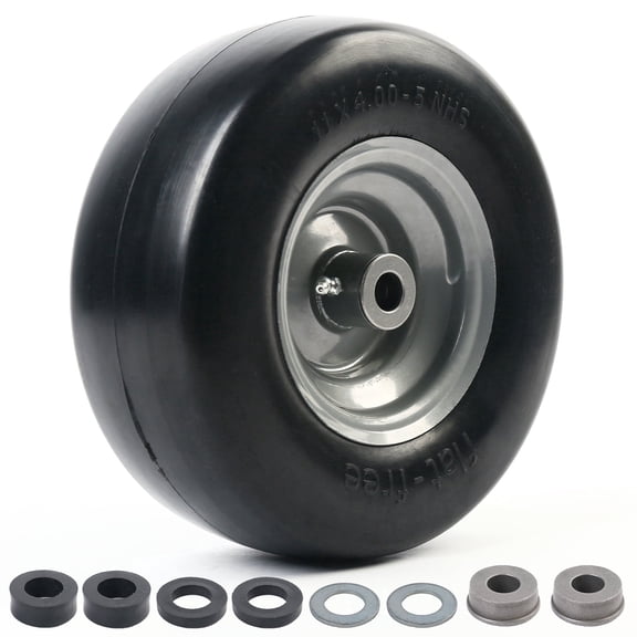 LotFancy 11x4.00-5" Flat Free Lawn Mower Tire and Wheel, Smooth Tread Tire for Zero Turn Mowers