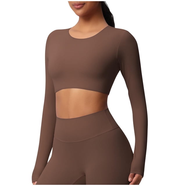 Timegard Hauts de Yoga pour Femmes Skinny Extensible Col Rond Manches Longues Cropped Tops de Gym Couleur Unie
