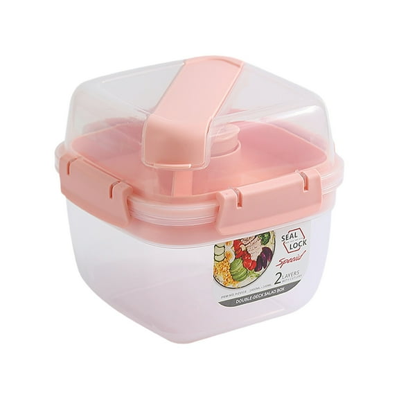 YIKA Tupperware Container Double Layered Fruit Salad Box Portable Bento Box Sealed Fresh-keeping Box Kitchen Storage Pink