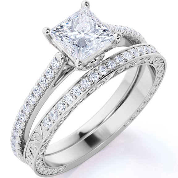JeenMata 1.75 ct - Princess Cut Moissanite - Pave Band - Simple Antique Engagement Ring Set - 10K White Gold