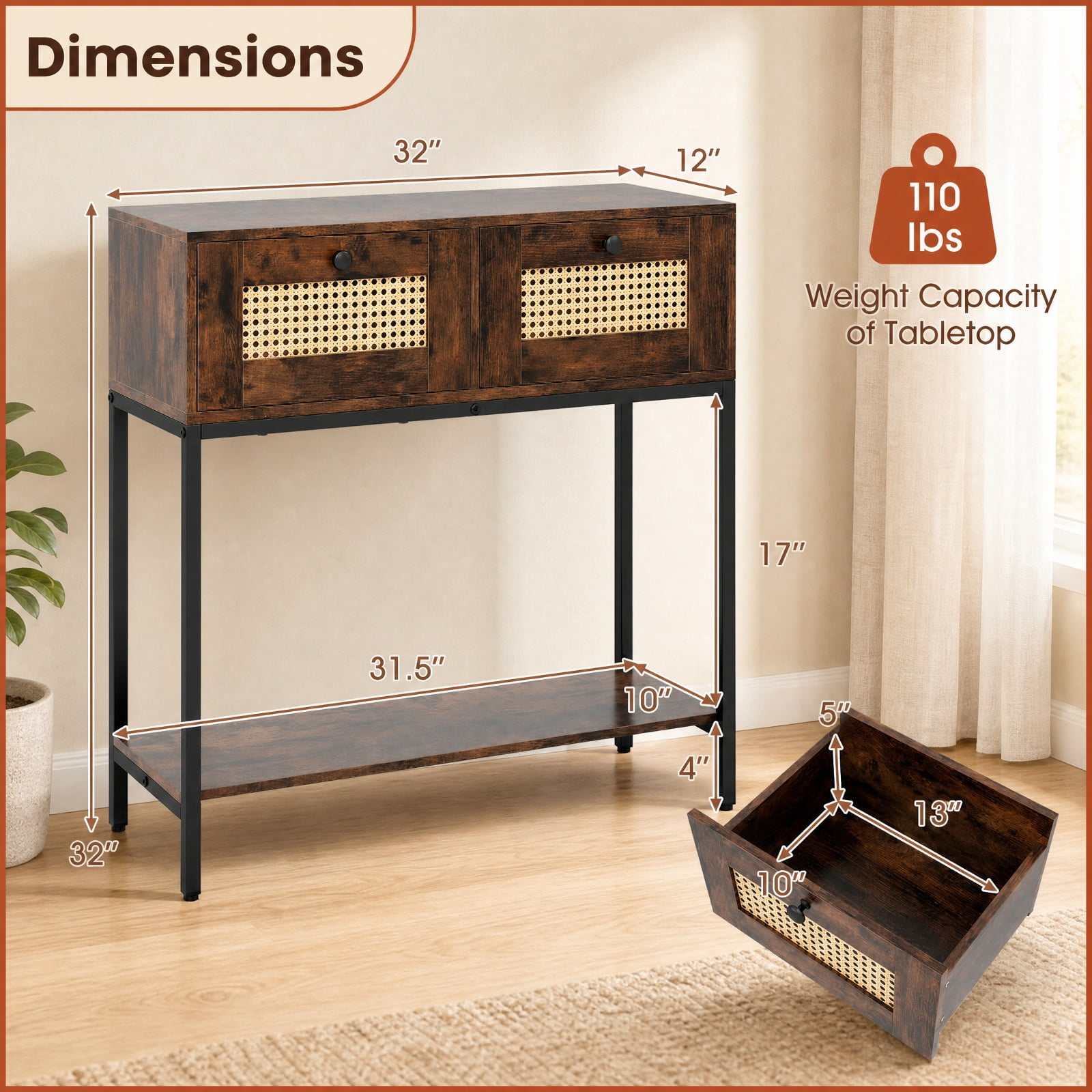Furnibear Rattan Console Table Boho Entryway Table with 2 Rattan Drawers and Open Storage Shelf for Hallway Living Room, Rustic Brown