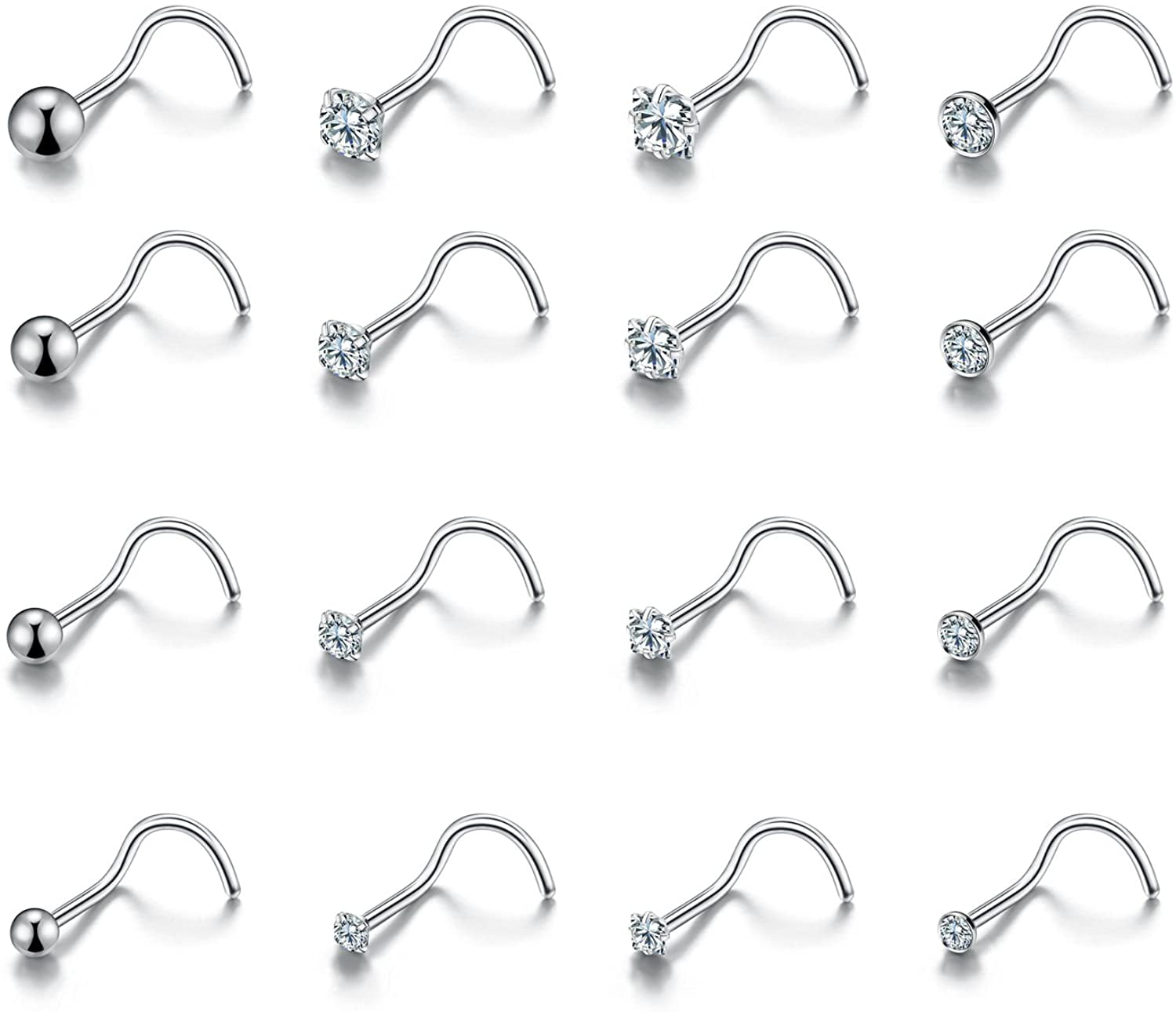 20G 16Pcs Stainless Steel Stud Nose Ring CZ L Shape Nose Body Piercing for Womens Mens 