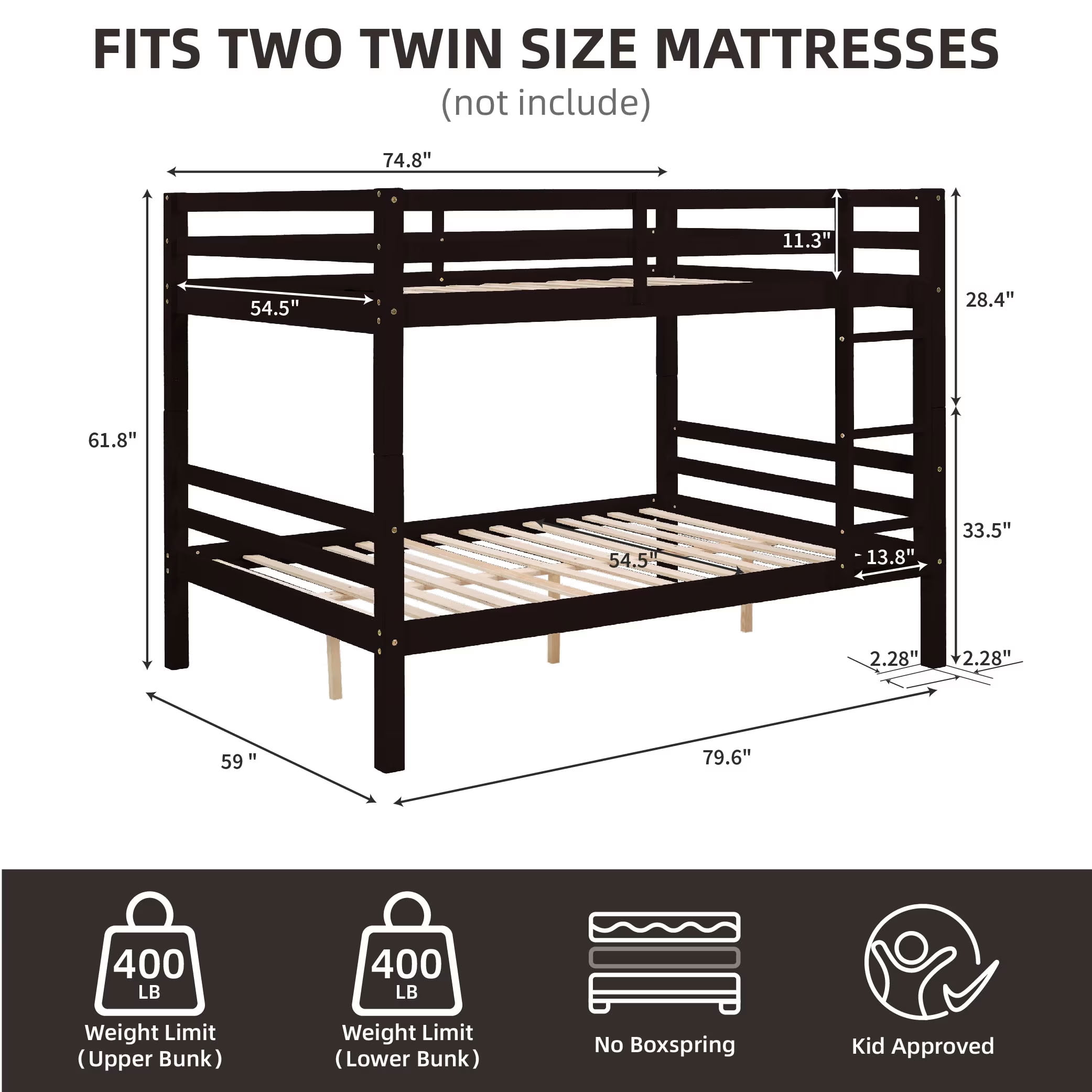 MAYEERTY Full over Full Bunk Bed with Thick Posts, Solid Wood Bed Frame with High Guardrail and Ladder, for Kids Teens Dorm Rooms, No Box Spring Needed