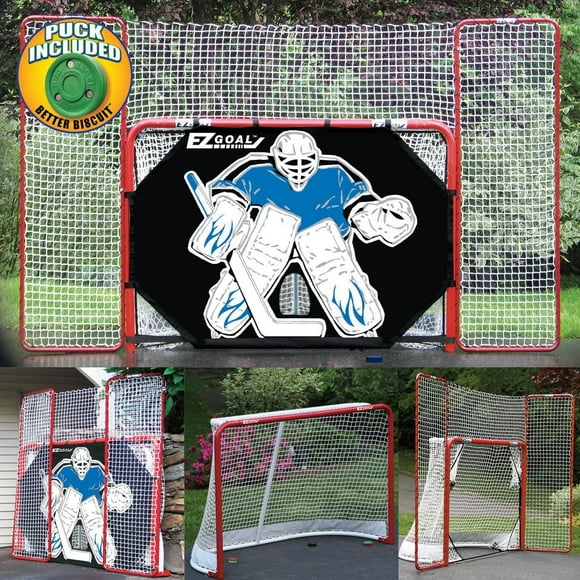 EZgoal Folding Steel Hockey Goal with Backstop - Shooter Tutor & Targets nets with bonus Puck