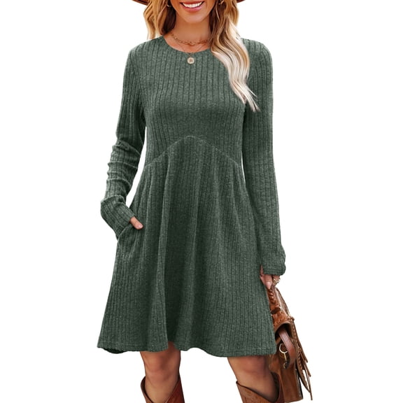 WIHOLL Long Sleeve Dresses for Women Fall Midi Dresses Elegant Casual Crew Neck Empire Waist Tunic Dress with Pockets