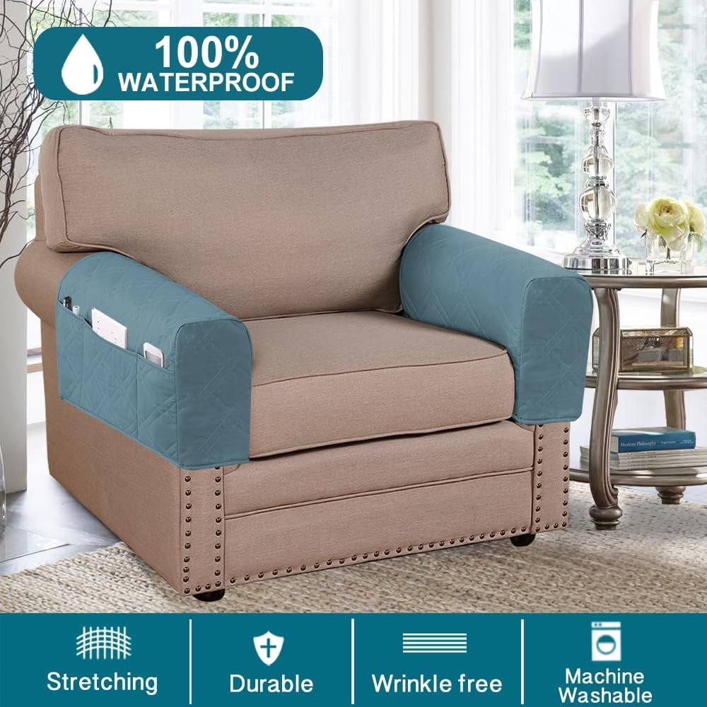 2 Pack Waterproof Armrest Covers for Chairs and Sofas Armrest Covers Couch Arm Covers for Sofa with Side Pocket Anti-Slip Furniture Protector Washable Armrest Slipcovers(Blue)